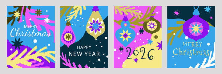 Christmas backgrounds set.Greeting Christmas and New Year posters. Flat  vector illustration with Christmas balls, stars, and Christmas tree branches and festive inscription