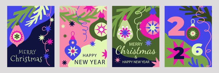 Christmas backgrounds set.Greeting Christmas and New Year posters. Flat  vector illustration with Christmas balls, stars, and Christmas tree branches and festive inscription