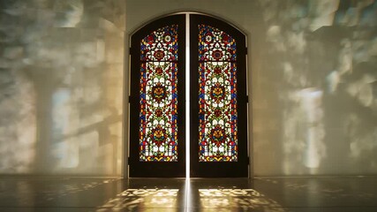 Streaming sunlight passing through stained glass door gap, scattering reflections across hall - Powered by Adobe