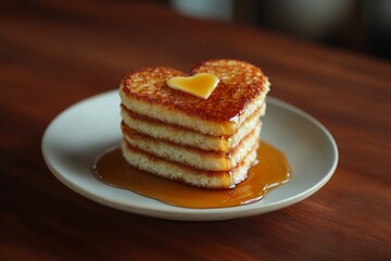 Heart-Shaped Pancake Stack with Butter and Maple Syrup