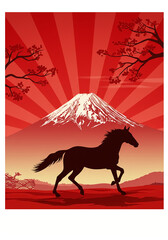 赤富士と桜に駆ける馬・華やかな干支午年年賀素材