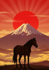 赤富士と日の出の馬イラスト・縁起の良い干支午年素材