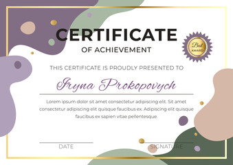 Elegant modern certificate of achievement template with abstract shapes and gold border. Editable diploma or award design for recognition, appreciation, or success. Professional vector illustration.