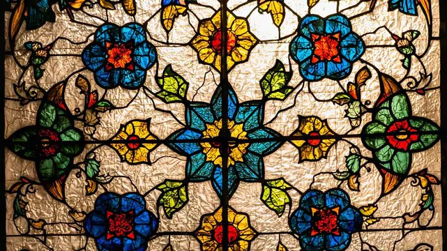 Panning camera downward across stained glass window in church, with metal leading, colored borders