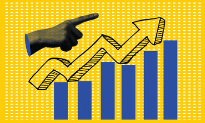 Modern graphic concept of successful business performance, featuring a hand directing the rising arrow above a blue bar graph, representing market strategy, results, profit, and achieving organization
