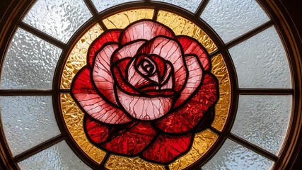 Holding camera focusing on stained glass window inside church, capturing rose motif and light shift - Powered by Adobe