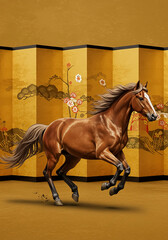 金屏風と梅模様の馬・高級感ある干支午年の和風素材