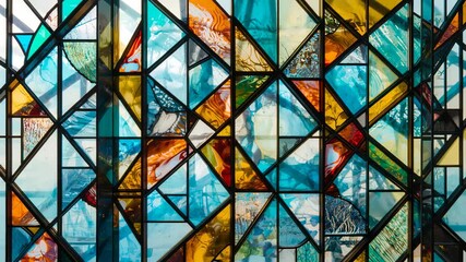 Starting camera panning exploring stained glass window at chapel, with metal leading framing panels - Powered by Adobe