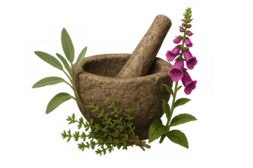 Mortar, pestle, herbs, and foxglove creating traditional herbal medicine for natural remedies on transparent background