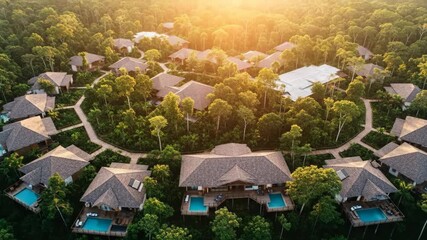 Aerial View of Tropical Resort Cabins with Pools Surrounded by Lush Green Forest