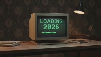 Vintage personal computer monitor displaying a green pixelated loading 2026 message with a progress bar on a wooden desk, symbolizing the arrival of a new year