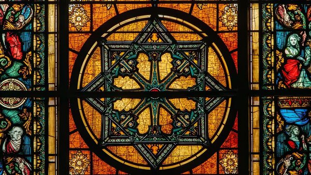 Starting recording camera holding view of stained glass at Gothic cathedral, showing star tracery