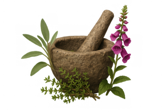 Mortar, pestle, herbs, and foxglove creating traditional herbal medicine for natural remedies on transparent background