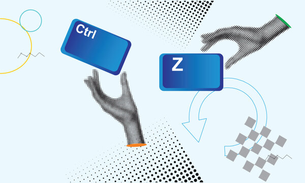 Conceptual illustration of two hands interacting with the Ctrl and Z keyboard keys, representing the "UNDO" action for error correction, fixing mistakes, problem solving