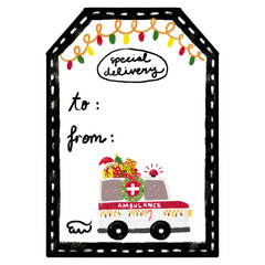 cute blank empty kids hand drawn doodle christmas gift boxes label tag stickers with ambulance rescue team vehicle transportation themes watercolor crayon illustration design clipart