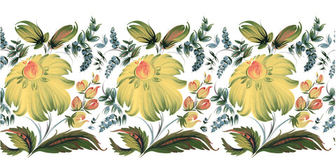 Floral vector seamless border pattern from yellow flowers and blue berries on a white background