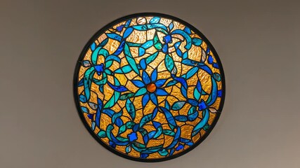 Revealing stained glass panel on gallery wall, with shifting backlight and amber teal vine motifs - Powered by Adobe