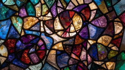 Shifting ambient light filtering through stained glass panel inside church, with colored fragments - Powered by Adobe