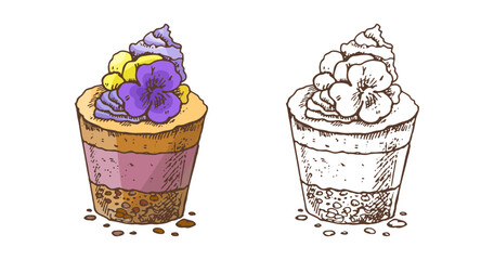 Tasty Creamy Sweet Dessert. Vintage Vector Monochrome Illustration. Hand drawn sketch of Delicious Cup cake With cream top and flower.  Design Gastronomy Product element.