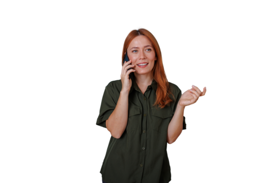Redhead woman talking on phone, smiling and communicating, casual style, transparent background