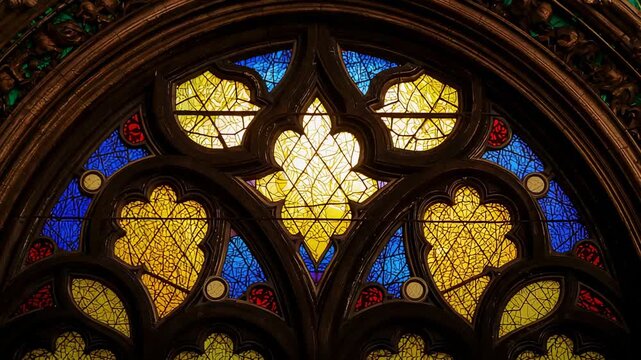 Zooming camera into stained glass window in chapel, showing carved tracery and green-gold molding - Powered by Adobe