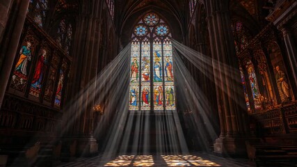 Rising sun streaming light through stained glass window in Gothic cathedral, revealing carvings - Powered by Adobe