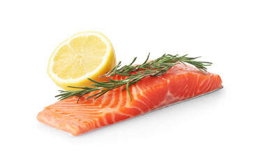Piece of salmon fillet with rosemary and lemon isolated on white