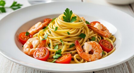 Elegant Seafood Linguine Pasta Dish with Whole Cherry Tomatoes and Parsley Garnish
