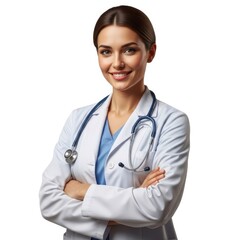 Smiling young female doctor in lab coat and stethoscope portrait