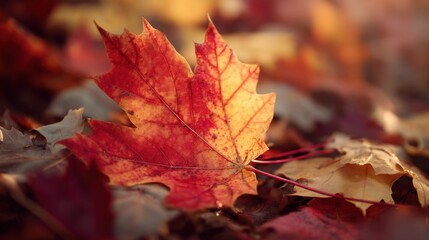 Red autumn maple leaf on ground in forest. Close up fall nature scene with colorful foliage. Seasonal natural beauty.