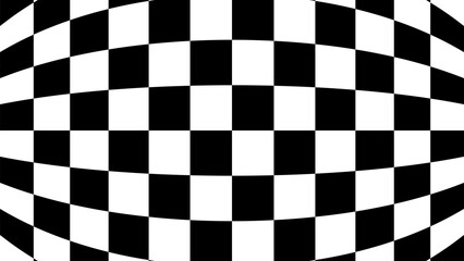 Abstract warped black and white checkerboard pattern creating dynamic minimal background with curved geometric texture and optical illusion effect