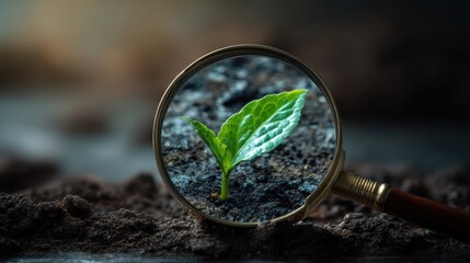 Magnifying glass examining a small green sprout growing from dark soil. Concept of growth, ecology, and environmental care. Exploring nature.