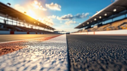 Racing track with grandstands overlooking the speedway at sunset, empty asphalt road for motorsport event and competition advertising.