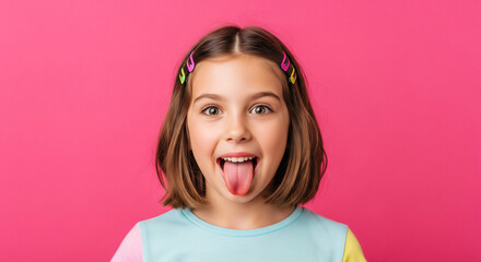 Portrait of a young girl with her tongue out teasing on a bright pink background in a playful trendy mood