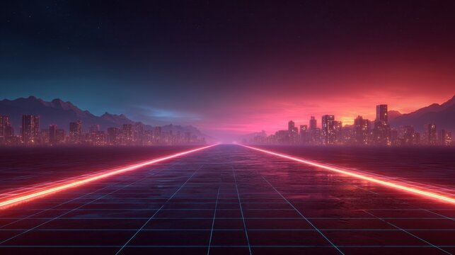 Neon glowing line on grid road leading to city skyline with vibrant sunset or sunrise. Retro futuristic aesthetic background. - Powered by Adobe