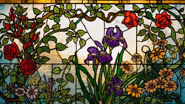Zooming glass panel cropping borders on wall, highlighting purple irises, red roses, yellow daisies