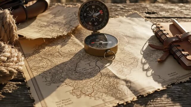 Close up of a vintage compass, aged map, leather-bound notebook, pen, and rope laid out on weathered wooden surface for outdoor exploration.
