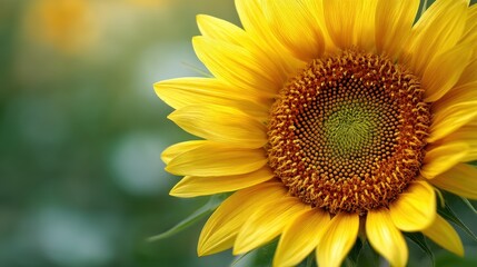 Fototapeta premium Large vibrant yellow sunflower in a field on a sunny day. Nature and summer beauty concept for background or greeting card.