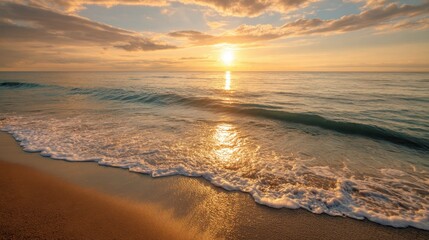 Fototapeta premium Bright sunset over calm ocean waves reaching sandy beach. Golden sun path on water. Nature background with tranquil seascape for relaxation.