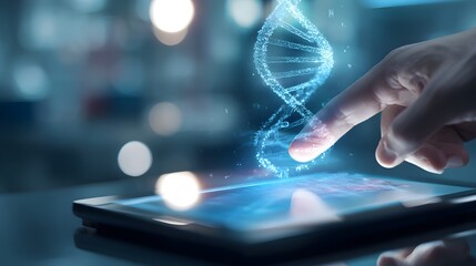 Close up of human hand touching tablet with DNA molecule structure on screen. DNA helix on tablet screen, biotechnology and biochemistry concept.