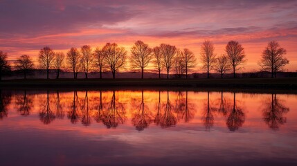 Winter trees silhouette reflecting in water at sunset. Horizontal bright landscape with vibrant colors in the sky and on the surface.