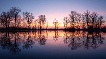 Fototapeta premium Bare tree silhouettes and their calming water reflection at sunset. Tranquil scene for nature, mindfulness, and background design.