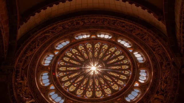 Sun moving behind stained-glass rose window in cathedral, causing glowing stone tracery reliefs