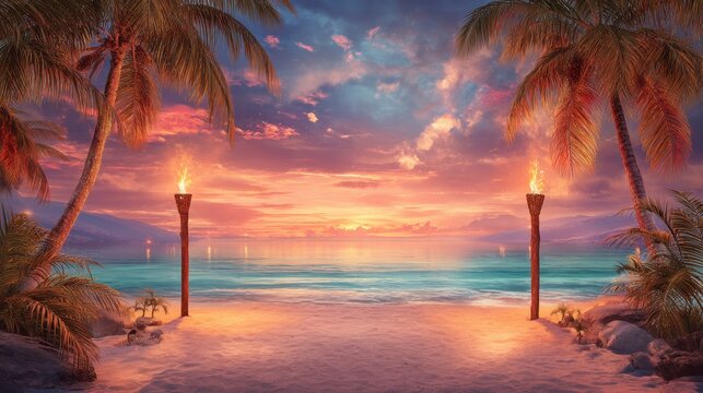 Colorful tropical beach at sunset with tiki torch. Palm tree and ocean view. Vacation travel and summer holiday concept. - Powered by Adobe