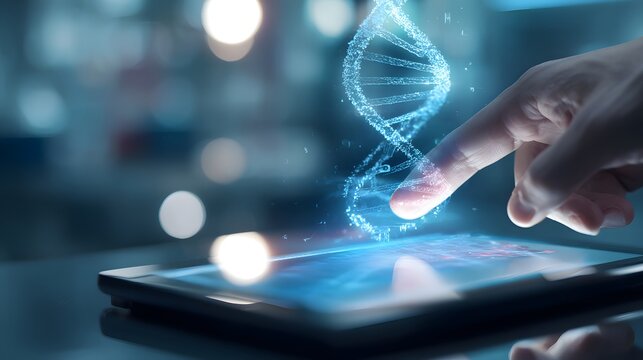 Close up of human hand touching tablet with DNA molecule structure on screen. DNA helix on tablet screen, biotechnology and biochemistry concept. - Powered by Adobe