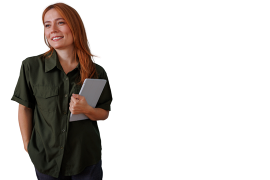 Redhead woman holding tablet looking away smiling, professional business person on transparent background - Powered by Adobe