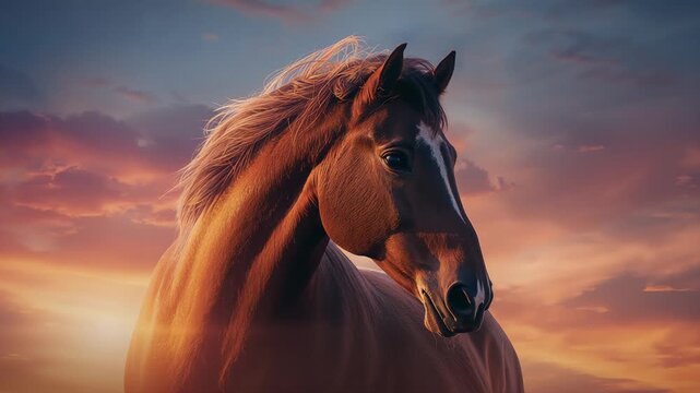 Light breeze stirring chestnut horse mane gently at dusk in open field, vibrant sunset sky