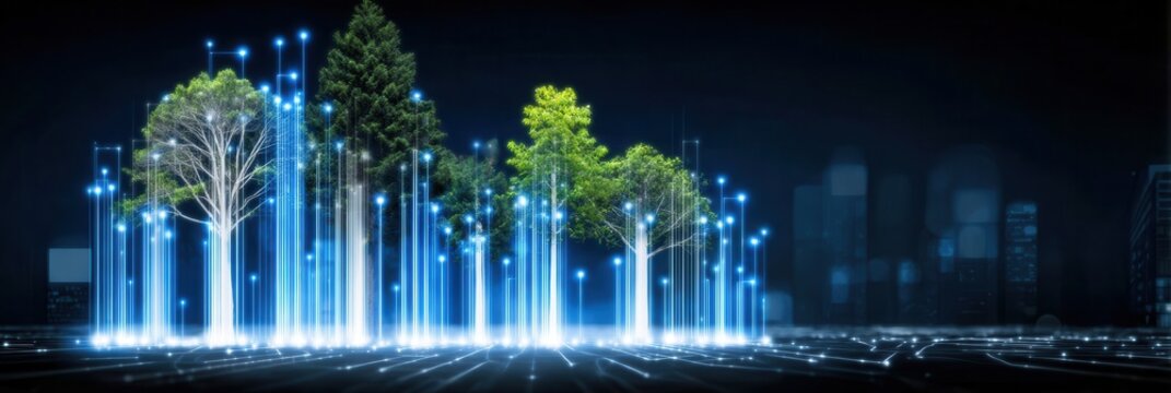 A digital forest made of data lines where optimization flows like wind through servers ensuring monitoring recovery and freedom from database problem while sustaining connectivity