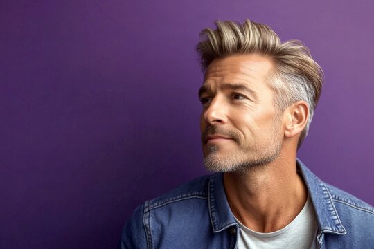 A relaxed man looking serene in his portrait. Chic men's quiff h