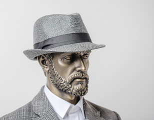 portrait of a male statue with a suit and hat on his head